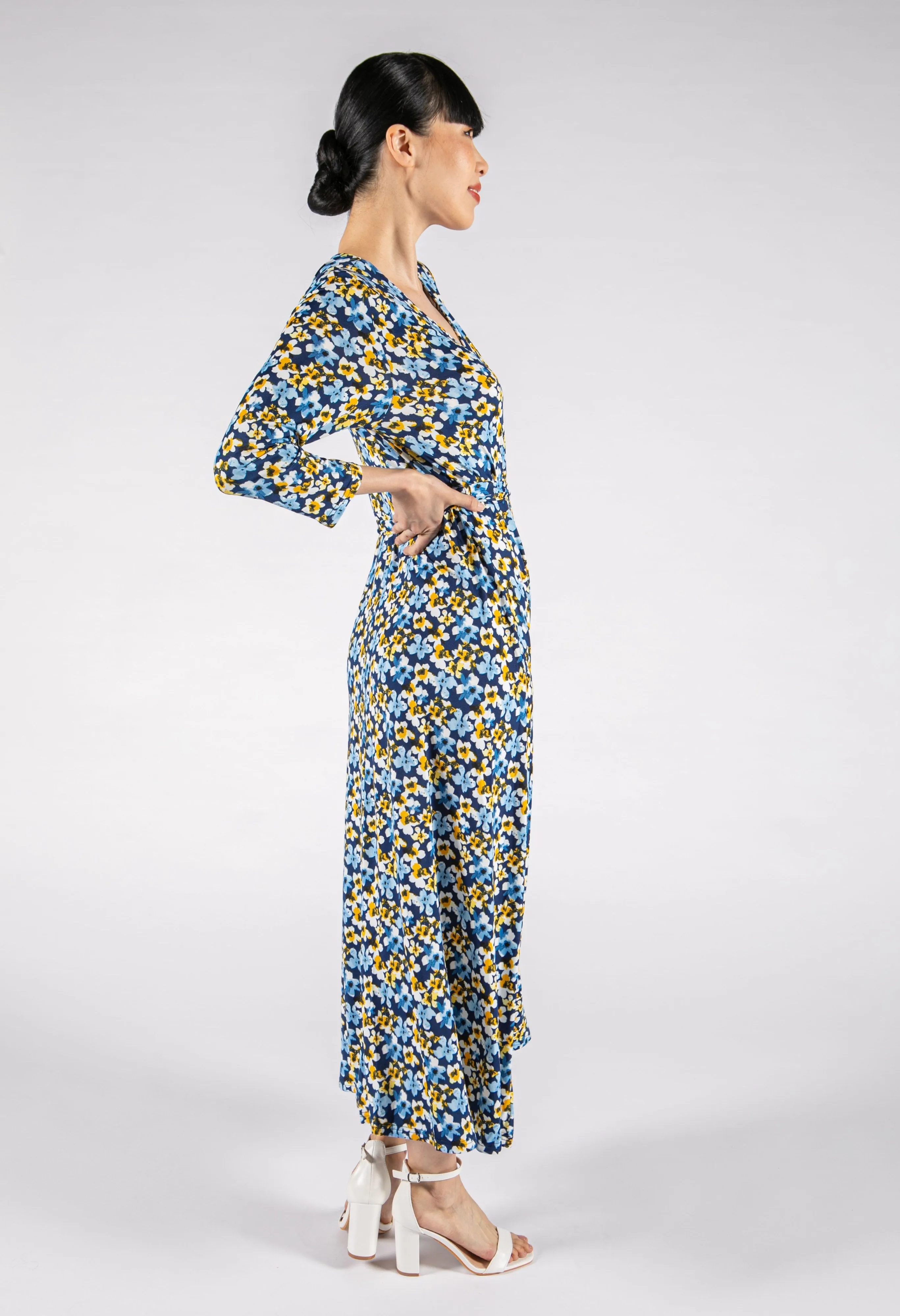 Navy Bloom Wrap Bodice Dress
