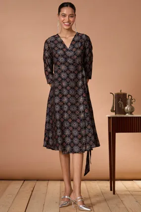 Okhai "Neelam" Hand Embroidered Mirrorwork Handblock Printed Chanderi Silk Ajrakh Wrap Dress