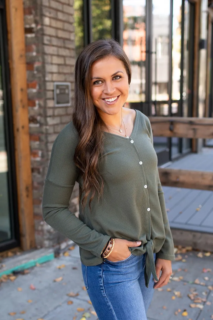 Olive Thermal Button Tie Front LS (SM-XL)