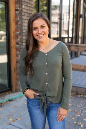 Olive Thermal Button Tie Front LS (SM-XL)