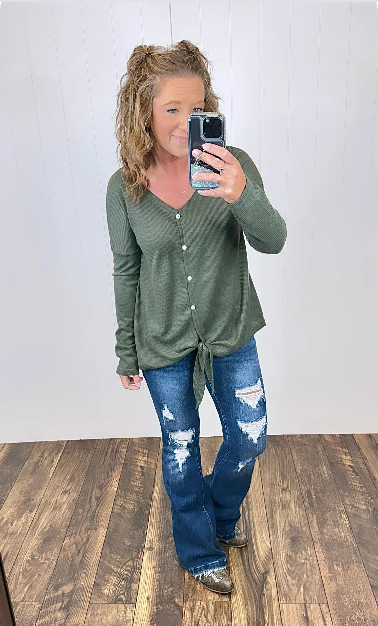 Olive Thermal Button Tie Front LS (SM-XL)