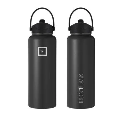 Open Box - IRON FLASK 40oz Wide Mouth Sports Water Bottle - 3 Lids, Leak Proof, Double Walled Vacuum Insulated - Midnight Black