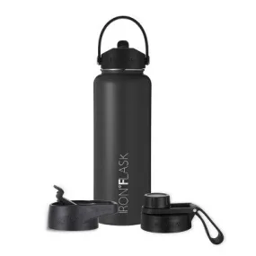 Open Box - IRON FLASK 40oz Wide Mouth Sports Water Bottle - 3 Lids, Leak Proof, Double Walled Vacuum Insulated - Midnight Black