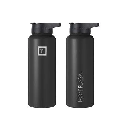 Open Box - IRON FLASK 40oz Wide Mouth Sports Water Bottle - 3 Lids, Leak Proof, Double Walled Vacuum Insulated - Midnight Black