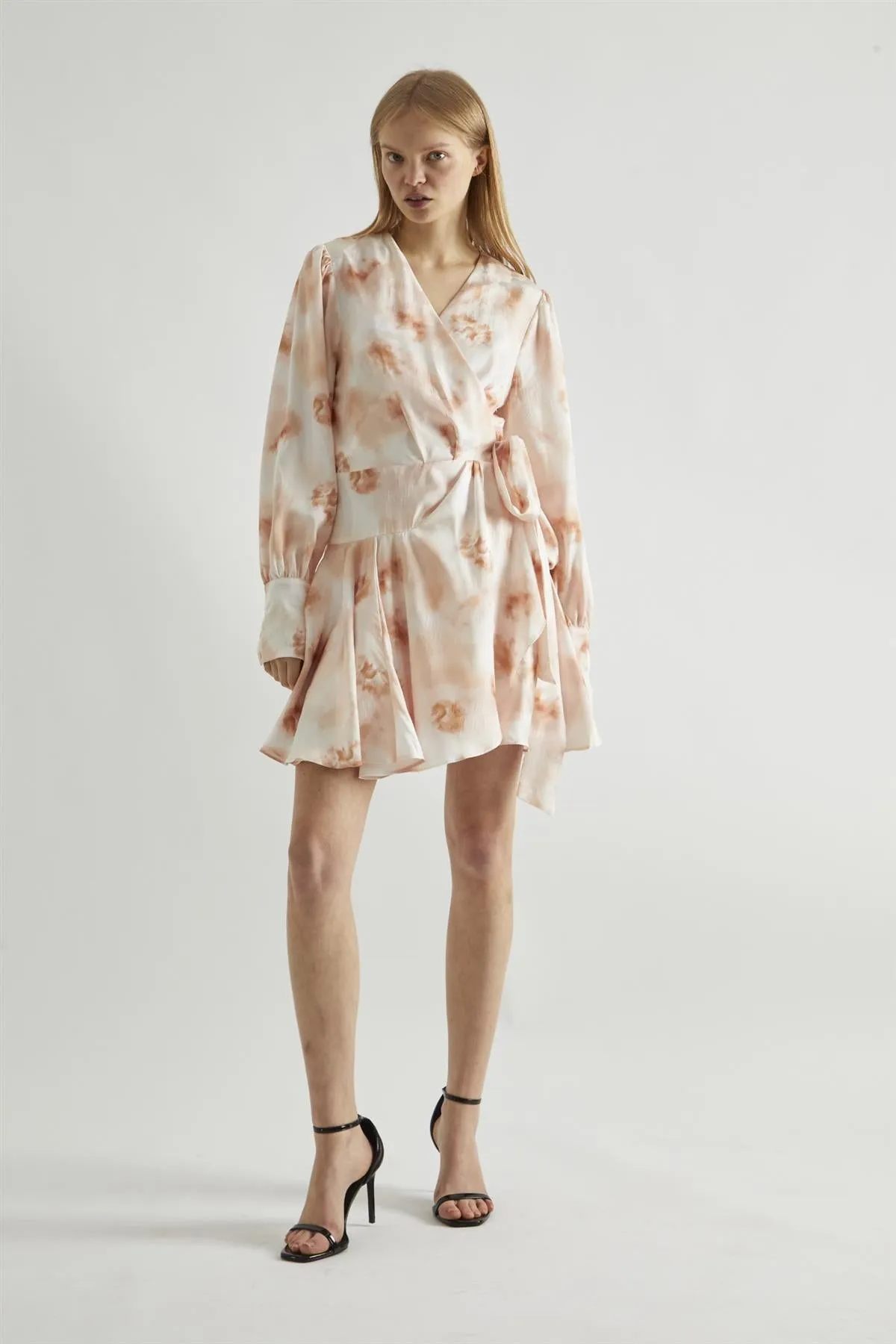 Peach-Watercolour Wrap Mini-dress