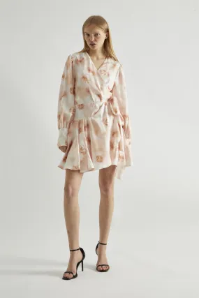Peach-Watercolour Wrap Mini-dress