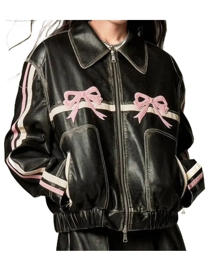 Pink Bow Black Leather Jacket with Striped Sleeves