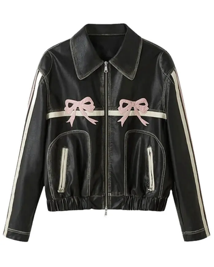 Pink Bow Black Leather Jacket with Striped Sleeves