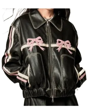 Pink Bow Black Leather Jacket with Striped Sleeves