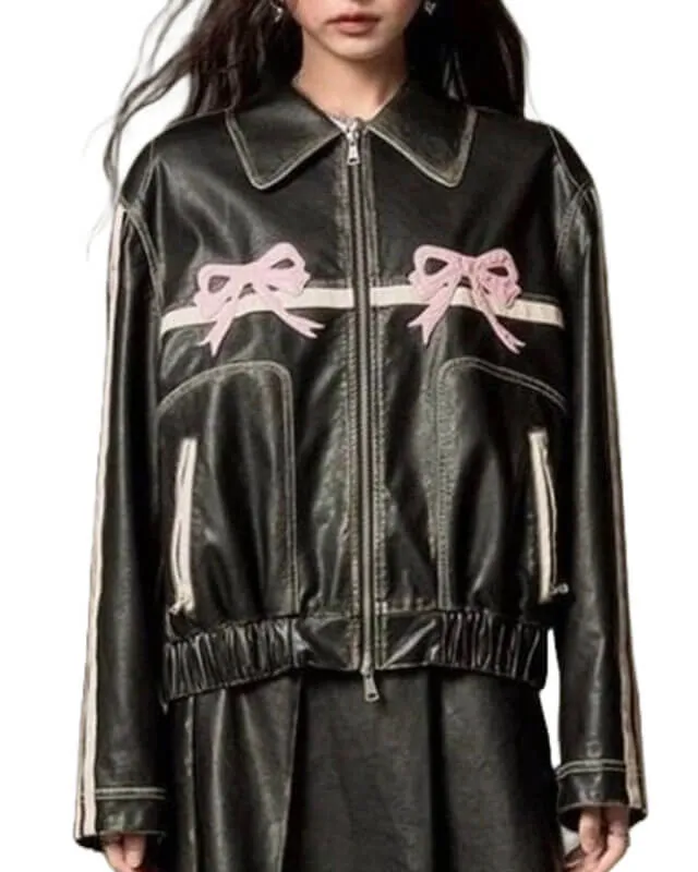 Pink Bow Black Leather Jacket with Striped Sleeves