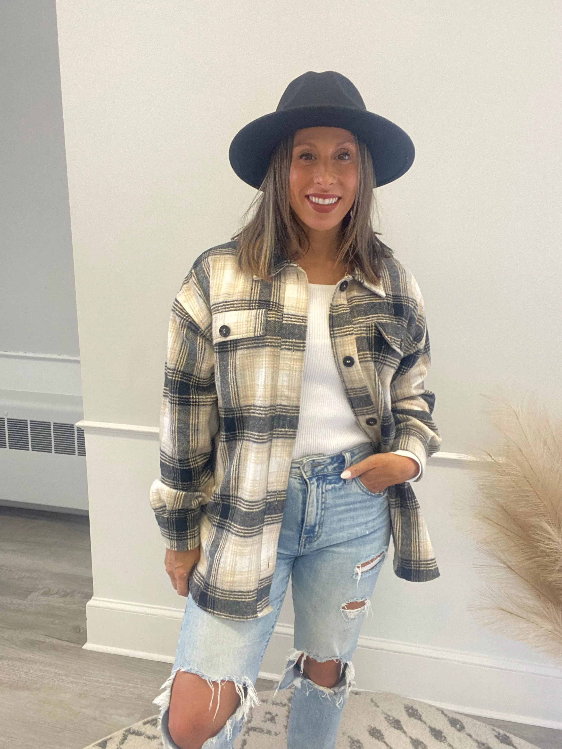 *PLAID SHIRT JACKET IVORY/BLACK/TAUPE