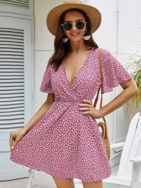 Plunge Neck Flutter Sleeve Ditsy Floral Dress