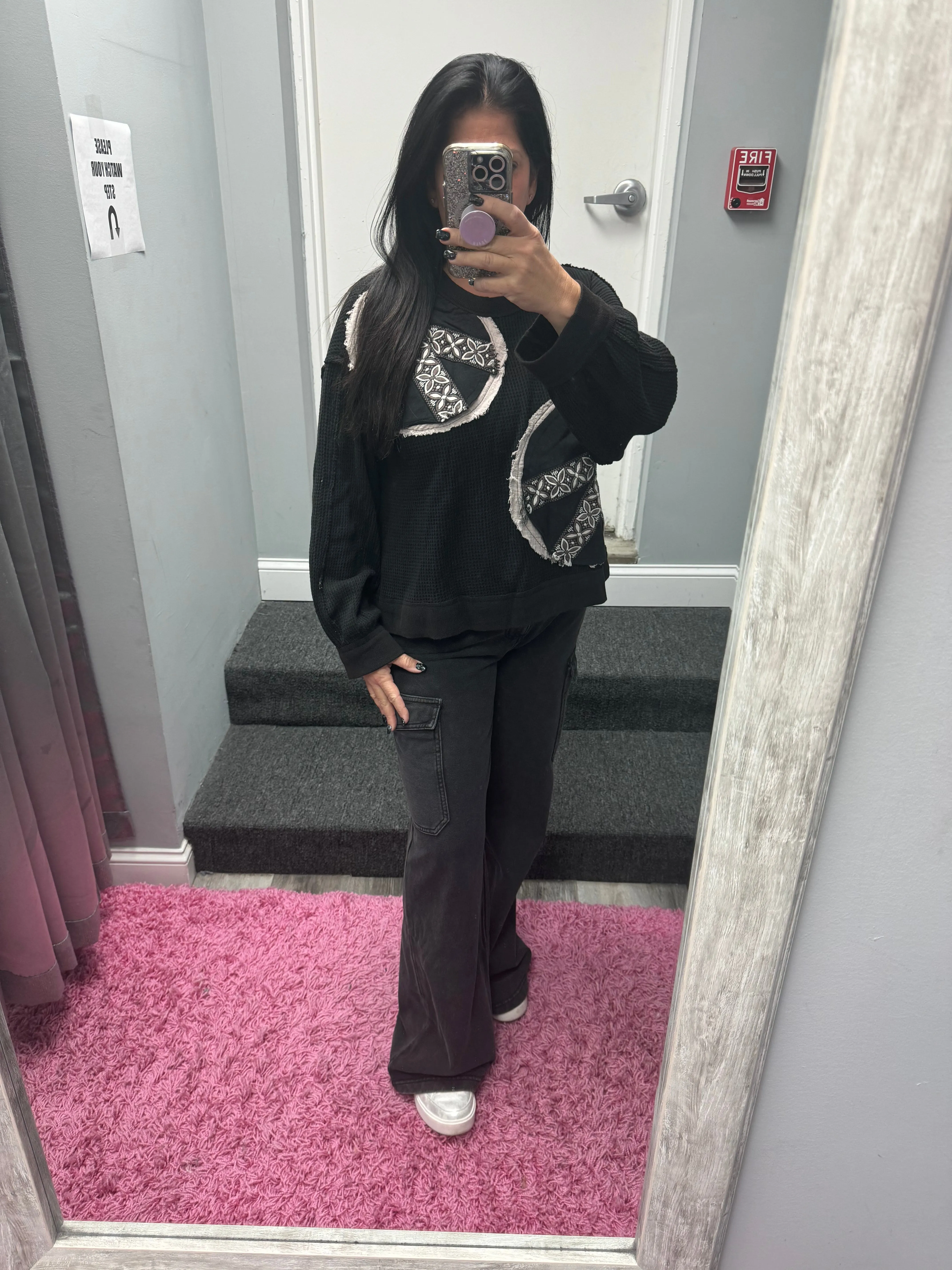 POL Vintage washed long sleeve peach patch thermal top - Black or Cream
