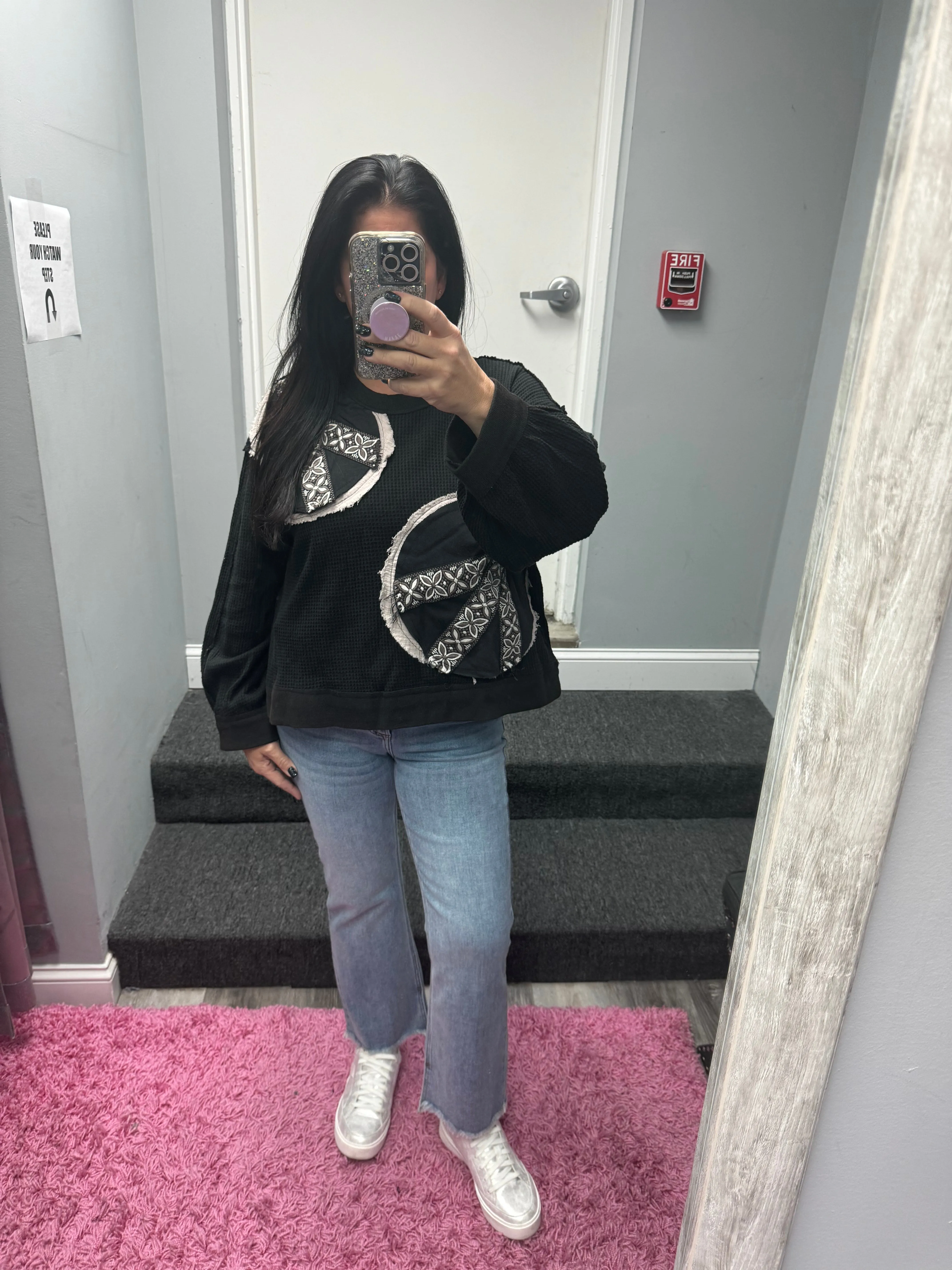 POL Vintage washed long sleeve peach patch thermal top - Black or Cream