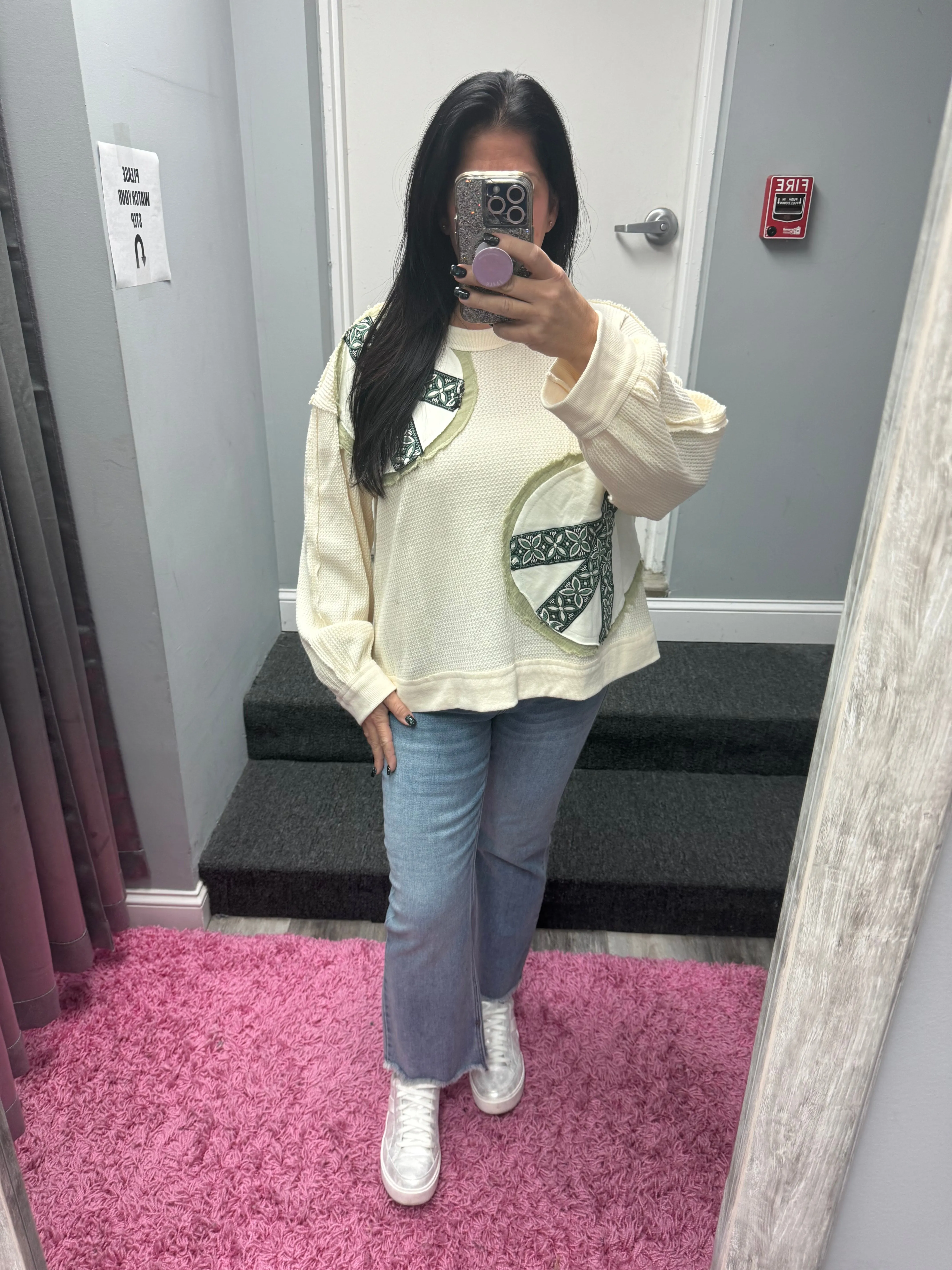 POL Vintage washed long sleeve peach patch thermal top - Black or Cream