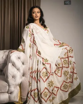 Precious Red with Golden Habesha Dress: Diamond Shaped Embroidery in Traditional Ethiopian Dress Elegant Habesha Kemis