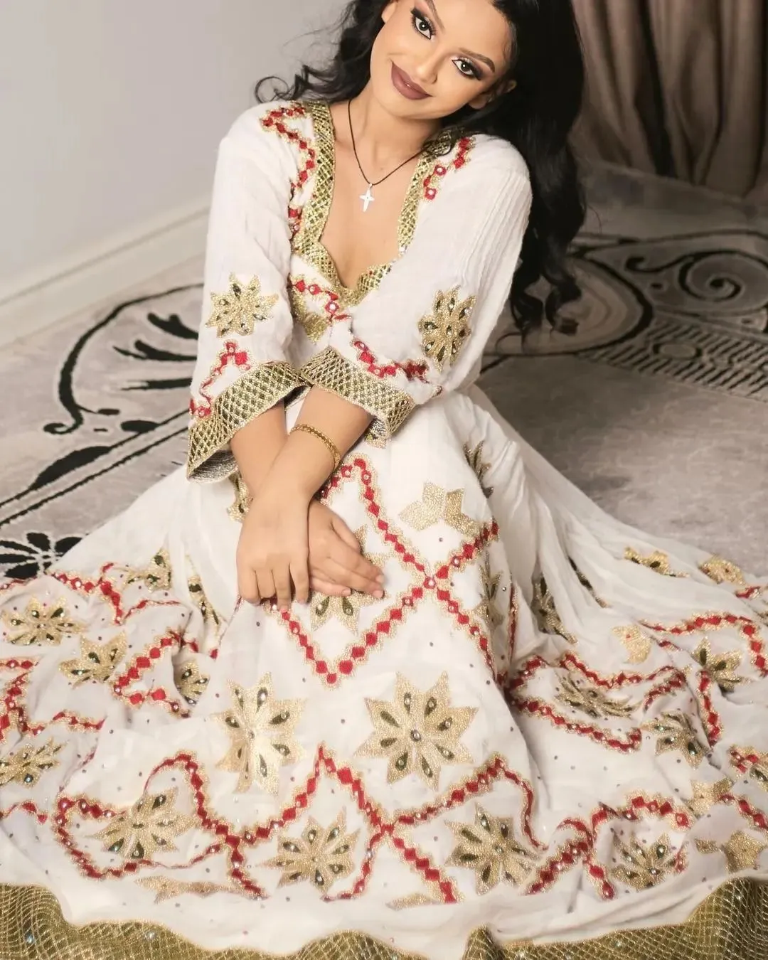 Precious Red with Golden Habesha Dress: Diamond Shaped Embroidery in Traditional Ethiopian Dress Elegant Habesha Kemis