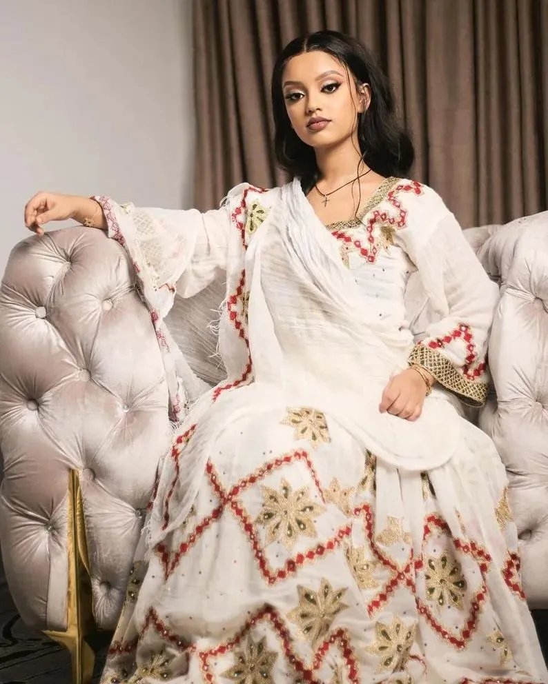 Precious Red with Golden Habesha Dress: Diamond Shaped Embroidery in Traditional Ethiopian Dress Elegant Habesha Kemis