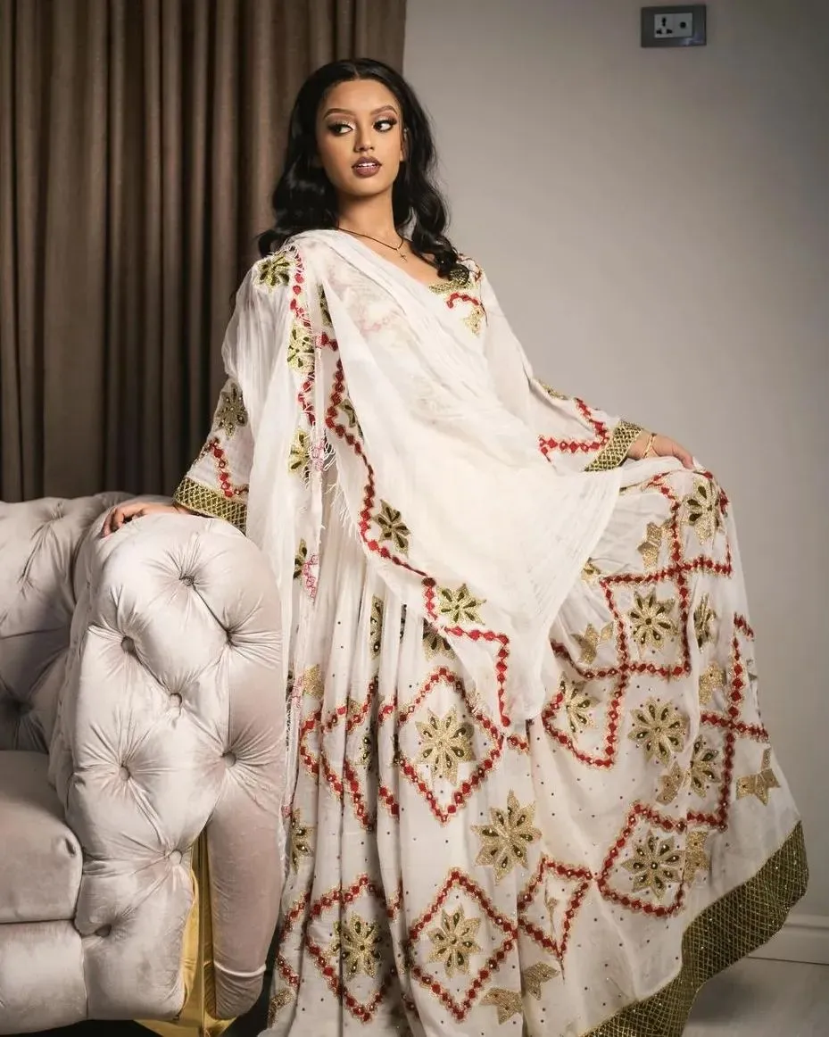 Precious Red with Golden Habesha Dress: Diamond Shaped Embroidery in Traditional Ethiopian Dress Elegant Habesha Kemis