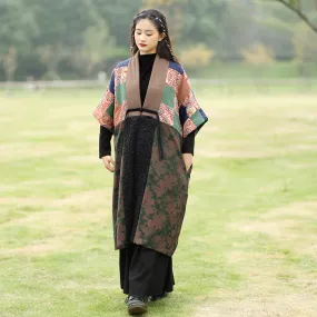 Retro Spliced Linen Half Sleeve Cardigan Coat for Women