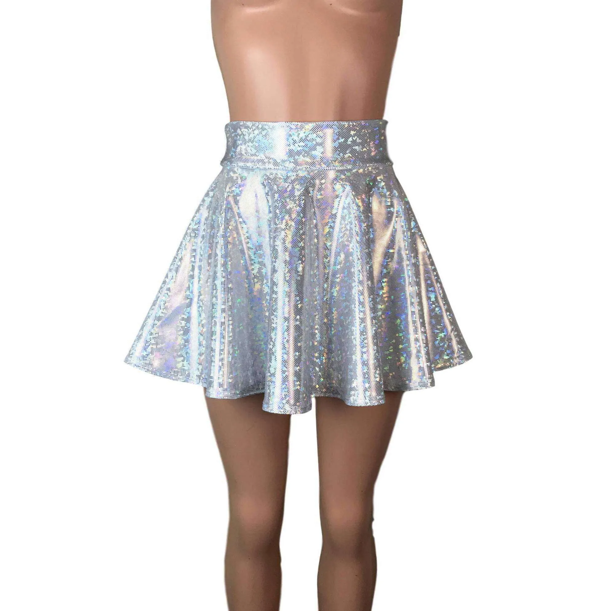 Skater Skirt - Silver on White Shattered Glass Holographic