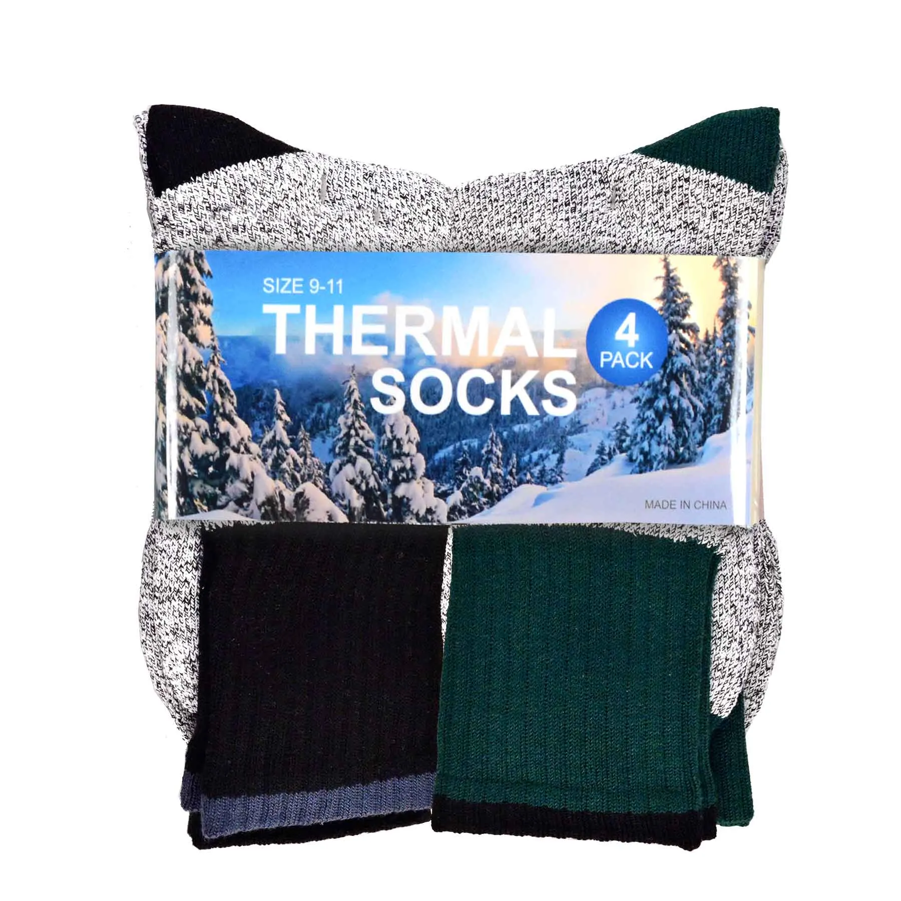 TeeHee Socks Men's Thermal Cotton Crew Solid Black/Green 4-Pack (50766)