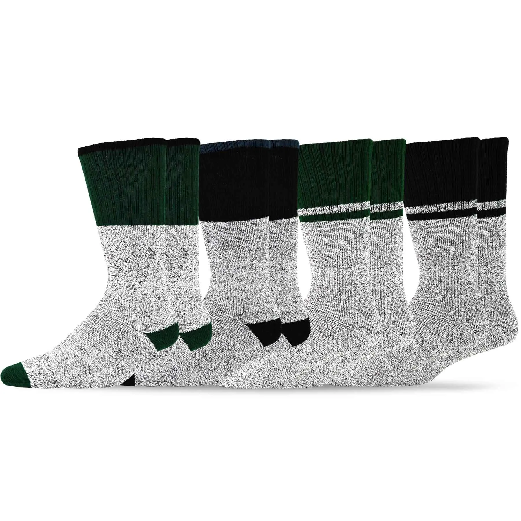 TeeHee Socks Men's Thermal Cotton Crew Solid Black/Green 4-Pack (50766)