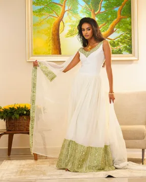 Timeless Green Habesha Dress: with Traditional Ethiopian Embroidery for Simple Look