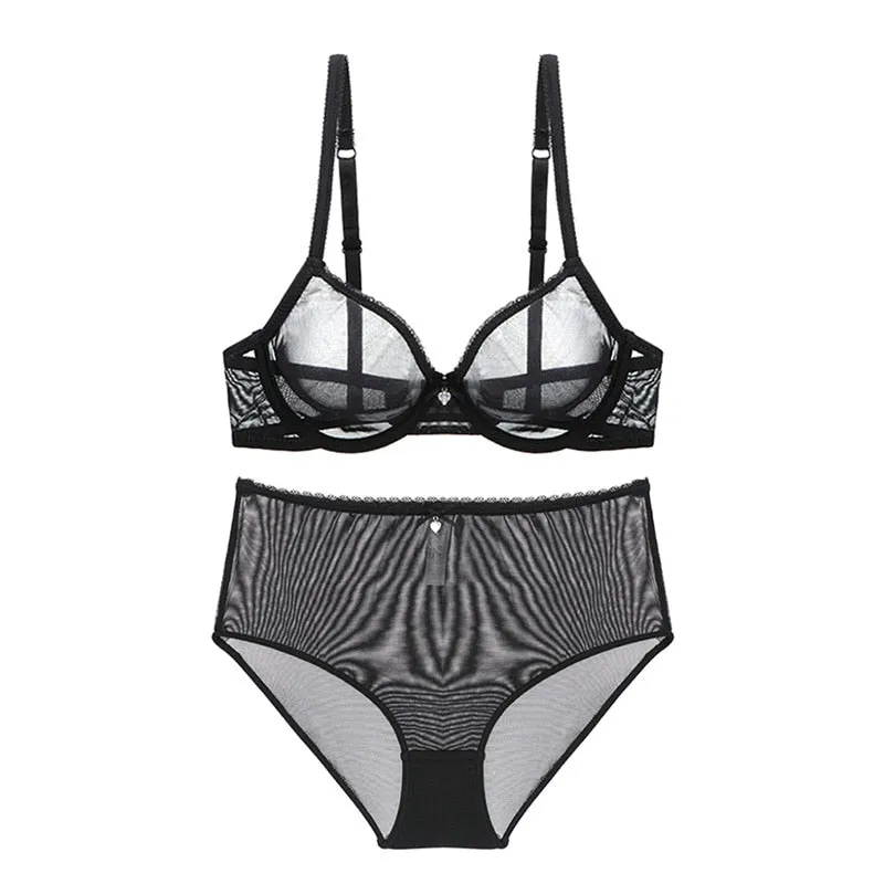 VenusFox Varsbaby Sexy See-Through Underwear Transparent High-Waist Briefs Yarn Bra And Panty Set