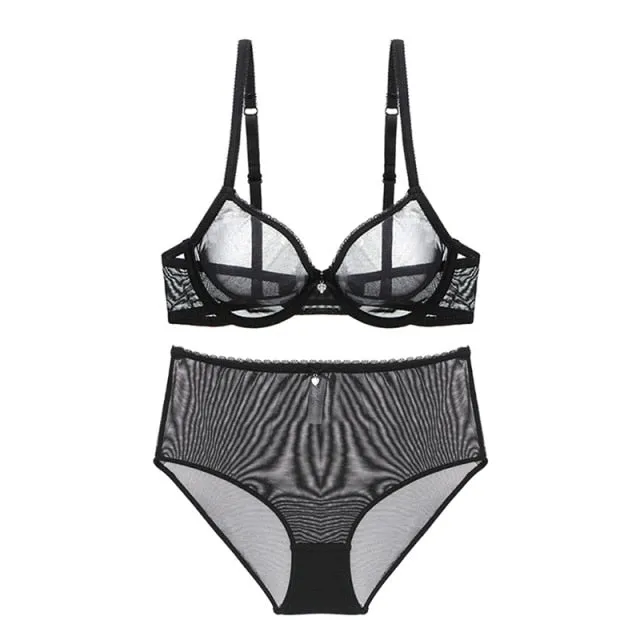 VenusFox Varsbaby Sexy See-Through Underwear Transparent High-Waist Briefs Yarn Bra And Panty Set