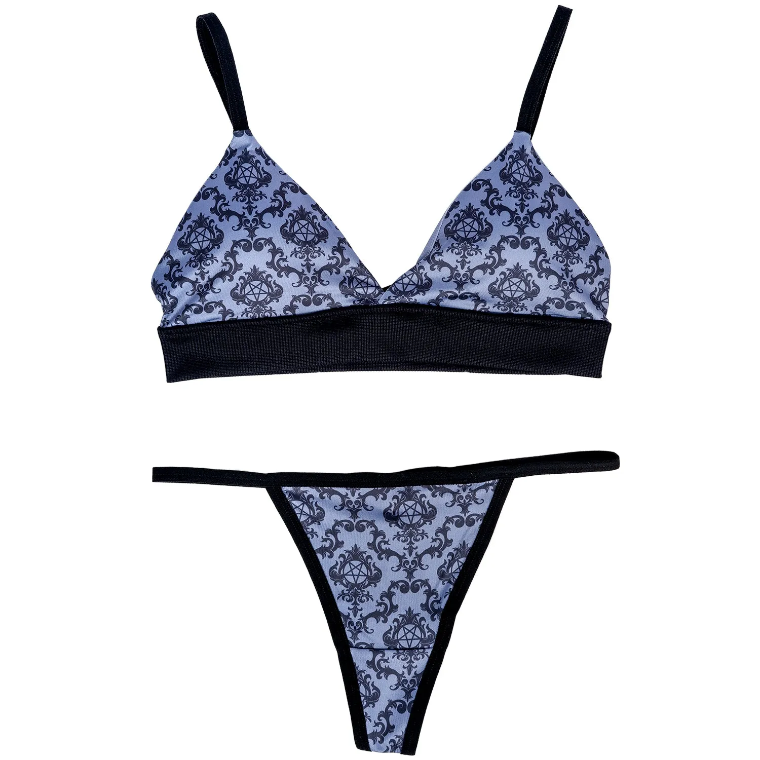 Victorian Damask Print Thong And Bra Set