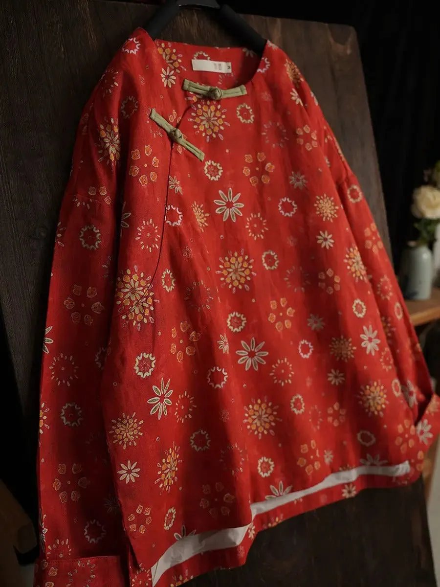 Women Floral Ramie Padded Coat