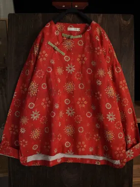 Women Floral Ramie Padded Coat