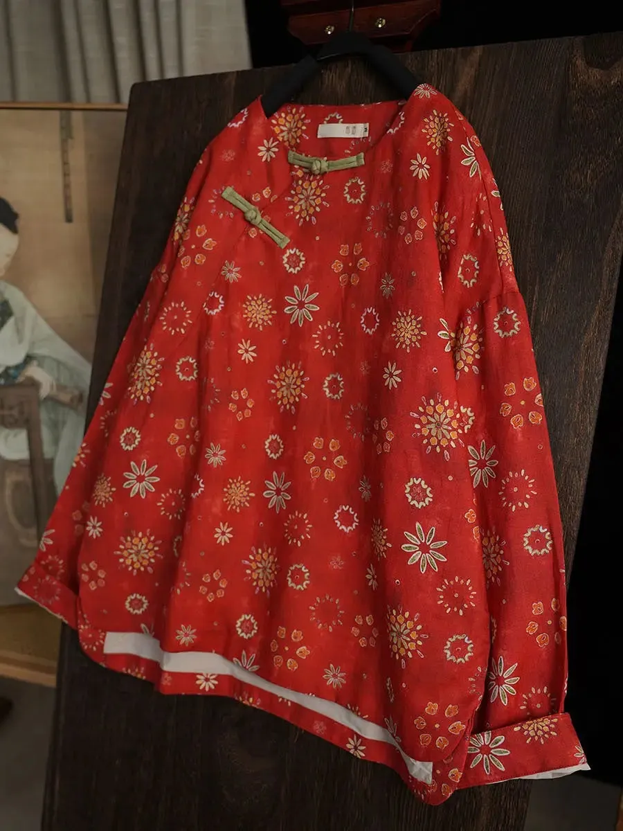 Women Floral Ramie Padded Coat