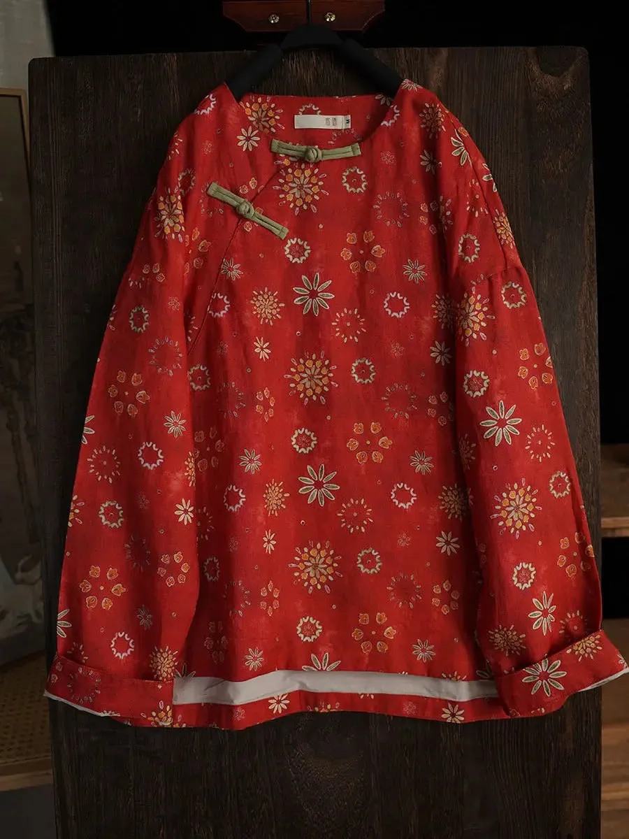 Women Floral Ramie Padded Coat