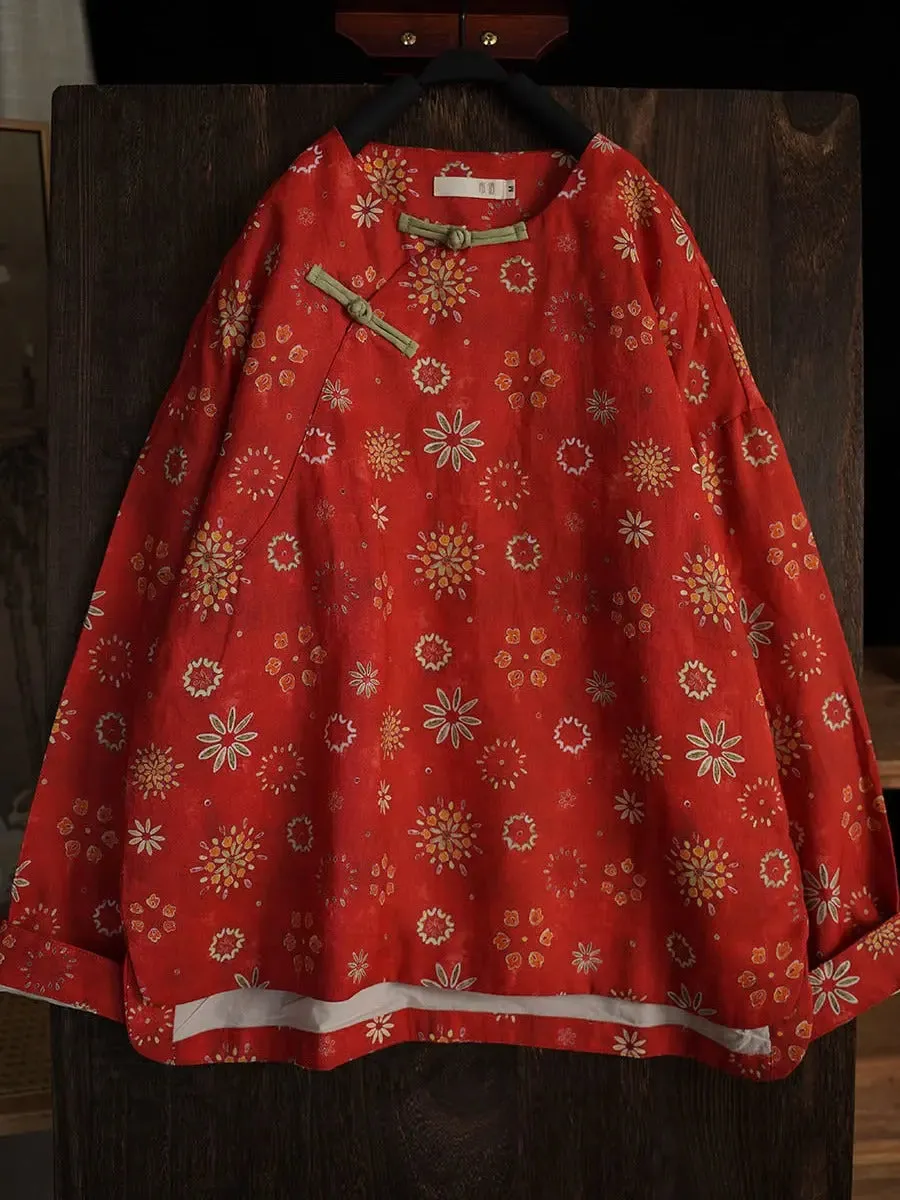 Women Floral Ramie Padded Coat