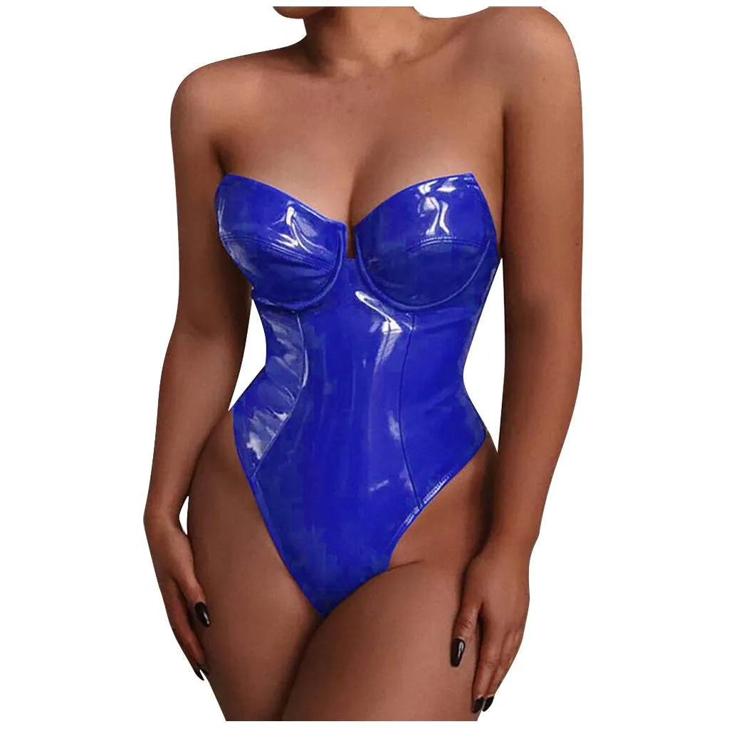 Women Sexy Bodycon Bodysuit Zipper PU Leather Jumpsuit Ladies  PU Strapless Bodysuits Rompers Body Mujer Erotic Lingerie 4XL