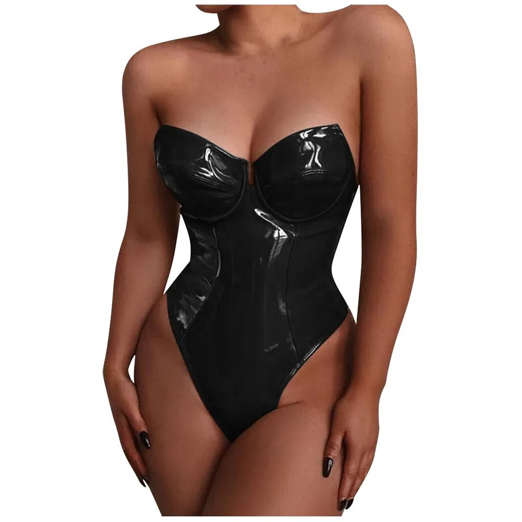 Women Sexy Bodycon Bodysuit Zipper PU Leather Jumpsuit Ladies  PU Strapless Bodysuits Rompers Body Mujer Erotic Lingerie 4XL
