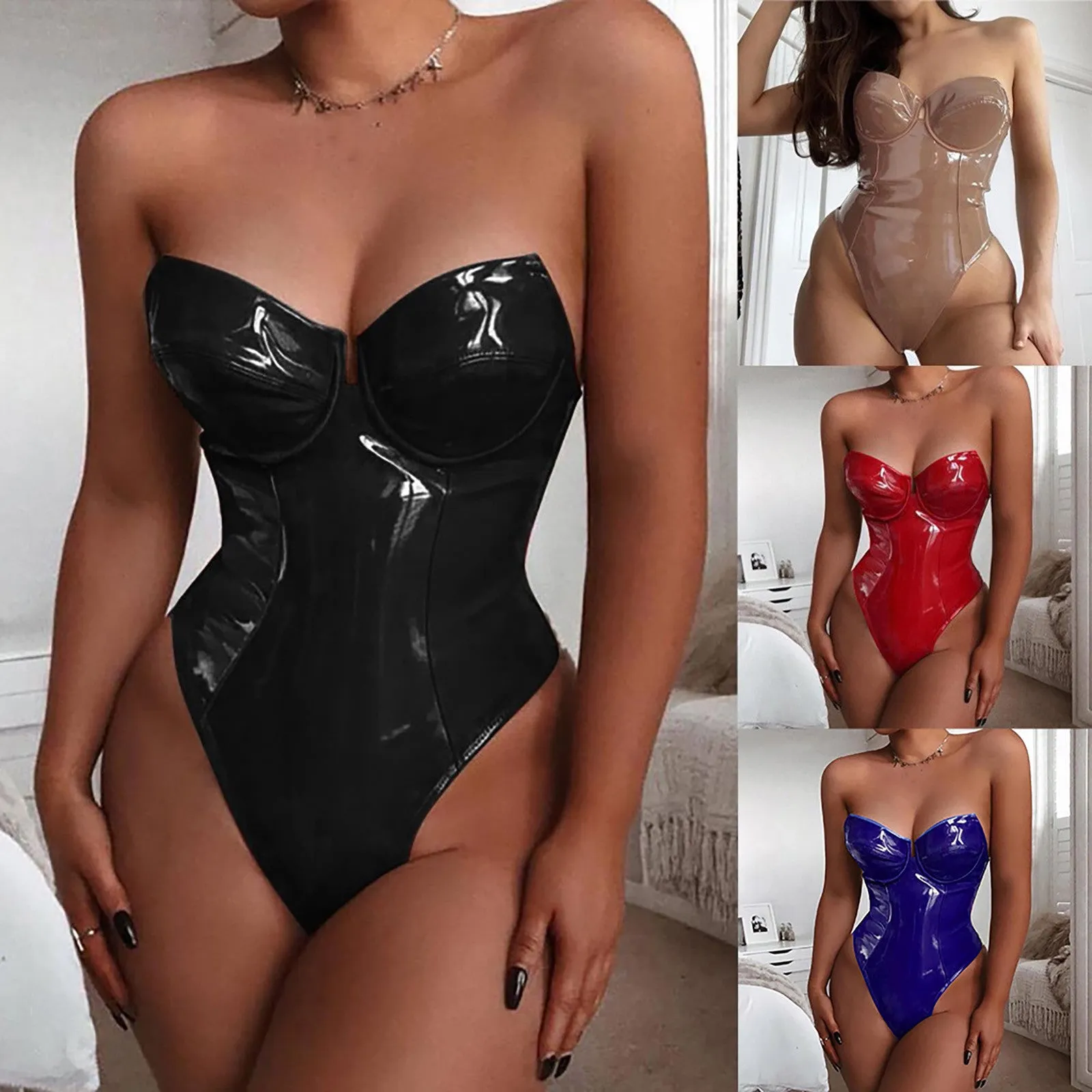 Women Sexy Bodycon Bodysuit Zipper PU Leather Jumpsuit Ladies  PU Strapless Bodysuits Rompers Body Mujer Erotic Lingerie 4XL