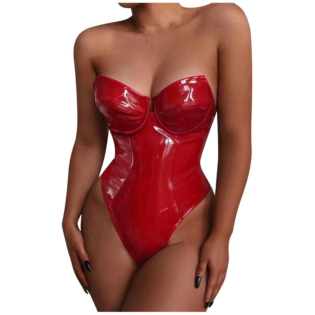 Women Sexy Bodycon Bodysuit Zipper PU Leather Jumpsuit Ladies  PU Strapless Bodysuits Rompers Body Mujer Erotic Lingerie 4XL
