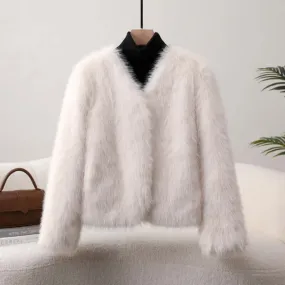 Women's Plush Faux Fur Coat with Pockets
