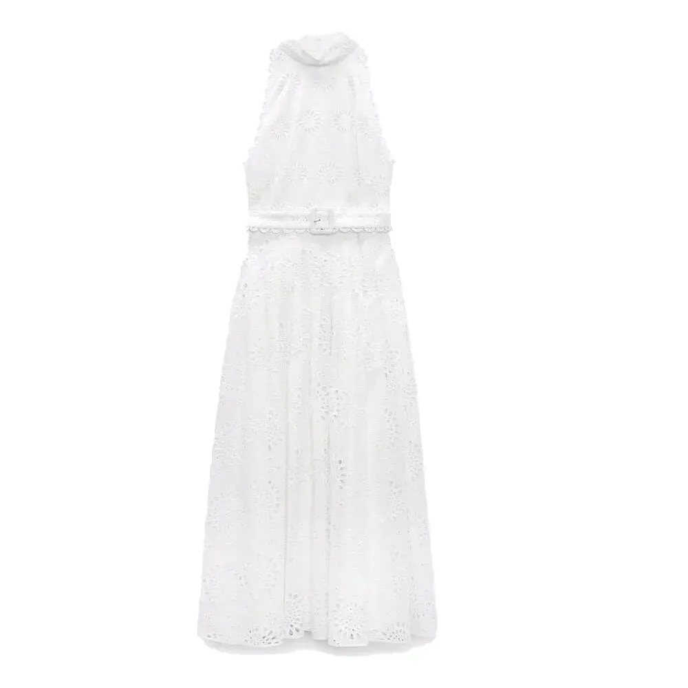 xakxx- New Women's Temperament Casual Fashion Ruili Hollow Out Embroidery Midi Dress