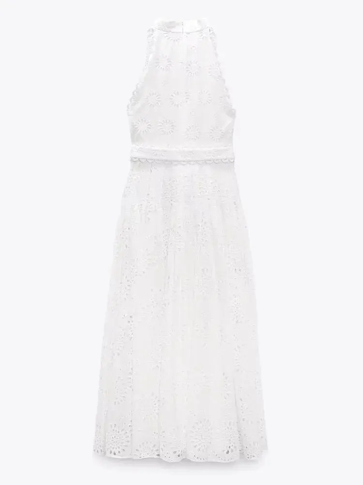 xakxx- New Women's Temperament Casual Fashion Ruili Hollow Out Embroidery Midi Dress