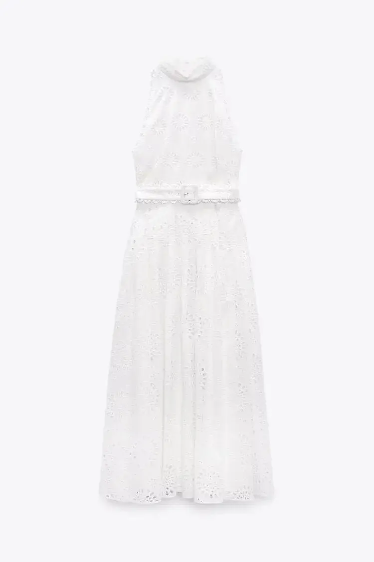 xakxx- New Women's Temperament Casual Fashion Ruili Hollow Out Embroidery Midi Dress